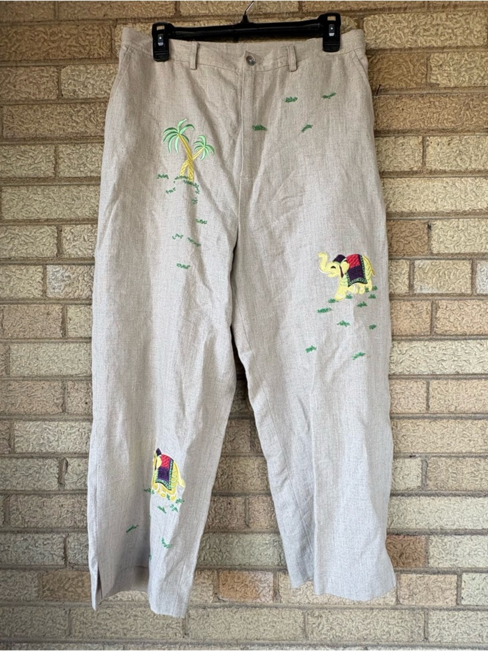 100% Linen Beige Wide-Leg Pants with Embroidered Elephant Detail